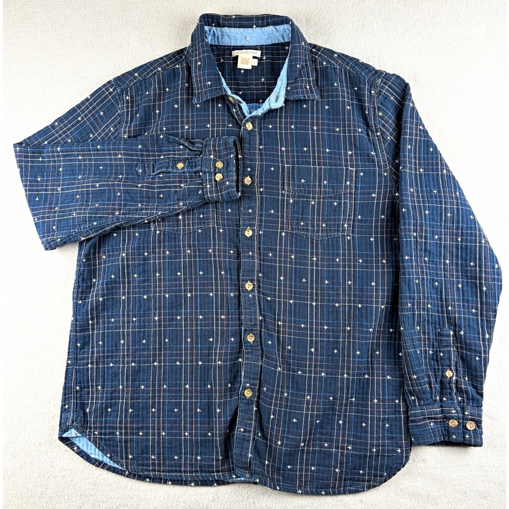 Carbon2Cobalt Men's Large Blue Plaid Cotton Button Up Shirt Cross Print